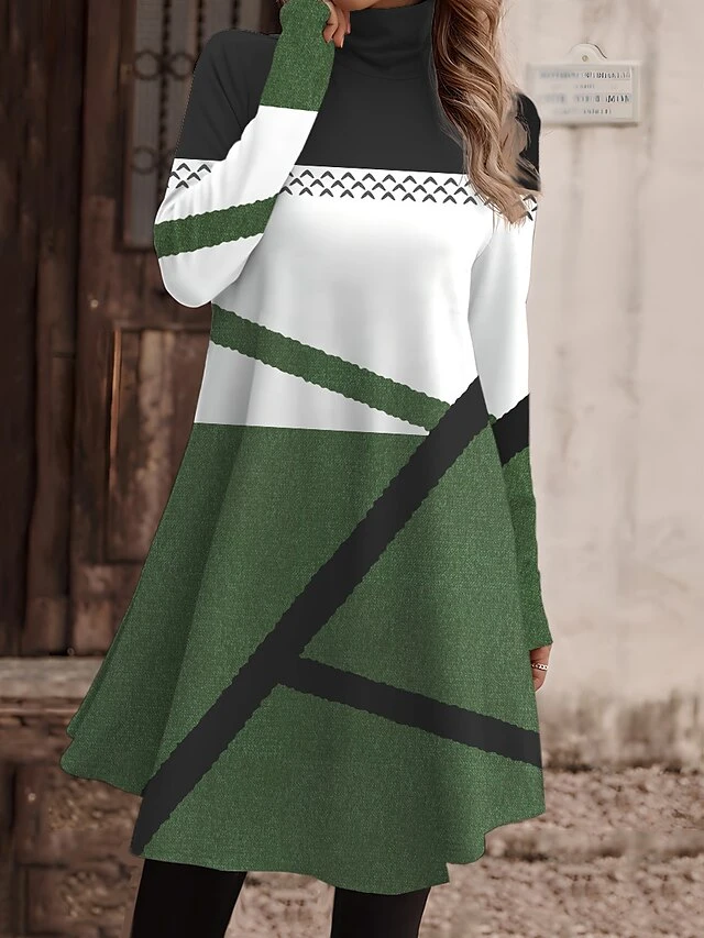 Women's Work Dress Casual Dress Fashion Winter Dress Daily Mini Dress Print Turtleneck Long Sleeve Geometric Regular Fit Blue Brown Green Fall Winter S M L XL XXL 5 Women's Work Dress Casual Dress Fashion Winter Dress Daily Mini Dress Print Turtleneck Long Sleeve Geometric Regular Fit Blue Brown Green Fall Winter S M L XL XXL - Image 3