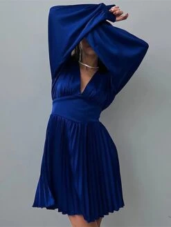 Women's Party Dress Satin Dress Swing Dress Mini Dress Claret Black Blue Long Sleeve Pure Color Pleated Fall Winter Autumn V Neck Stylish Party Winter Dress Birthday 2023 S M L XL 2XL -Tesla Style mwaiag1666175472571