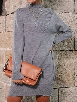 Women's Sweater Dress Jumper Dress Winter Dress Mini Dress Warm Plain Outdoor Daily Vacation Going Out Turtleneck Long Sleeve 2023 Loose Fit Gray S M L -Tesla Style mwltmt1697711028308