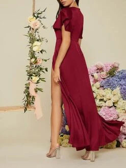 Women's Party Dress Satin Dress Wedding Guest Dress Long Dress Maxi Dress Red Short Sleeve Pure Color Ruched Summer Spring V Neck Party Evening Party Wedding Guest Vacation 2023 S M L XL 2XL -Tesla Style mwrkgf1678086461731