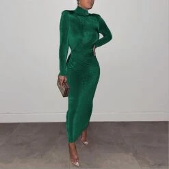 Women‘s Party Dress Velvet Dress Green Long Dress Maxi Dress Green Blue Gold Dark Gray Red Black Long Sleeve Pure Color Ruched Velvet Fall Turtleneck Casual Fall Dress S M L XL XXL XXXL -Tesla Style mxdbfv1631956665744