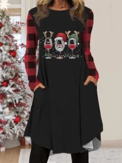 Women's Work Dress Casual Dress Fashion Winter Dress Christmas Daily Midi Dress Pocket Print Crew Neck Long Sleeve Santa Claus Snowman Regular Fit Black Wine Blue Fall Winter S M L XL XXL -Tesla Style mxhvmc1695888134995