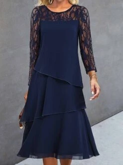 Women's Party Dress Lace Dress Cocktail Dress Midi Dress Wine Navy Blue Long Sleeve Pure Color Lace Spring Fall Winter Crew Neck Fashion Wedding Guest Vacation 2023 S M L XL XXL 3XL -Tesla Style myfidt1694587287964