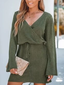 Women's Sweater Dress Winter Dress Jumper Dress Mini Dress Drawstring Daily Date Going Out Fashion Basic V Neck Long Sleeve 2023 Regular Fit Green Color S M L XL Size -Tesla Style myfstm1691991715775