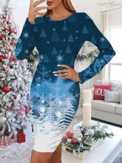 Women's Christmas Work Dress Bodycon Mini Dress Blue Wine Red Long Sleeve Tree Snowflake Print Winter Fall Crew Neck Vacation Stylish 2022 S M L XL XXL 3XL 4XL 5XL 6XL / Sheath Dress