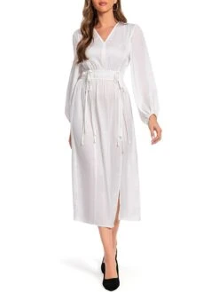 Women's Work Dress Satin Dress White Dress Fashion Midi Dress Drawstring Split V Neck Long Sleeve Plain Loose Fit White Fall Winter S M L XL XXL -Tesla Style myhrlj1693467428332