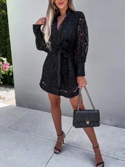 Women's Party Dress Lace Dress Cocktail Dress Mini Dress Black Green Rose Long Sleeve Pure Color Lace Fall Winter Autumn Stand Collar Fashion Vacation 2023 S M L XL -Tesla Style myzuuf1694503328993