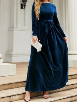 Women's Party Dress Velvet Dress Emerald Green Dress Long Dress Maxi Dress Black Wine Green Long Sleeve Pure Color Lace Up Spring Fall Winter Round Neck Fashion Winter Dress Fall Dress Spring Dress -Tesla Style mzhntx1664430785810