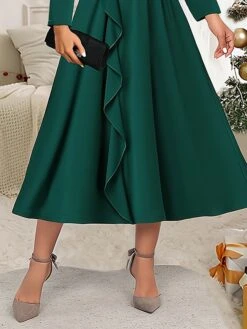 Women's Party Dress Cocktail Dress Work Dress Midi Dress Green Long Sleeve Pure Color Ruffle Spring Fall Winter V Neck Party Winter Dress Office Christmas 2023 S M L XL XXL 3XL -Tesla Style mzhoky1697780193749