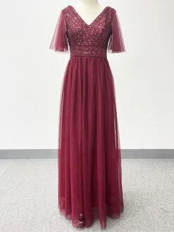 Women‘s Christmas Prom Dress Party Dress Sequin Dress Long Dress Maxi Dress Wine Short Sleeve Pure Color Sparkly Glitter Sequins Fall Winter Autumn V Neck Fashion Wedding Guest Birthday Evening Party -Tesla Style mzsvlx1693376312371