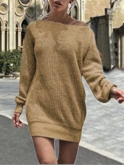 Women's Sweater Dress Jumper Dress Casual Dress Mini Dress Active Pure Color Outdoor Casual Holiday Vacation Boat Neck Long Sleeve 2023 Regular Fit Black White Pink S M L XL XXL 3XL -Tesla Style mzwdlc1692090182422