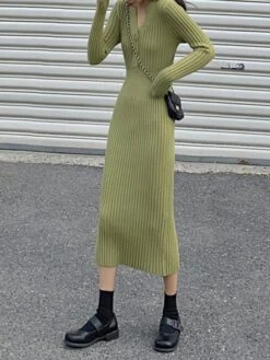 Women‘s Sweater Dress Winter Dress Sheath Dress Midi Dress Black White Green Long Sleeve Pure Color Button Fall Winter Autumn V Neck Stylish Winter Dress Fall Dress 2023 One-Size -Tesla Style naalgh1665656619691