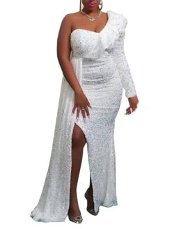 Women‘s Prom Dress Party Dress Sequin Dress Long Dress Maxi Dress White Pink Wine Long Sleeve Pure Color Sparkly Glitter Sequins Spring Fall Winter One Shoulder Fashion Winter Dress Wedding -Tesla Style nagkun1693808447022