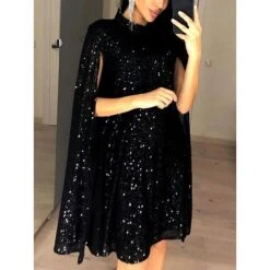 Women's Party Dress Sequin Dress Cocktail Dress Mini Dress Black Long Sleeve Pure Color Sequins Spring Fall Winter Stand Collar Fashion Wedding Guest Vacation Summer Dress 2023 S M L XL XXL 3XL -Tesla Style napdwm1695633822272