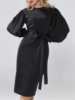 Women's Work Dress Casual Dress Sheath Dress Fashion Winter Dress Office Daily Midi Dress Lace Up Ruched Crew Neck Long Sleeve Plain Regular Fit Black White Red Fall Winter S M L XL XXL