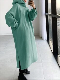 Women's Casual Dress Hoodie Dress Long Dress Maxi Dress Active Daily Outdoor Holiday Vacation Hoodie Solid Color Loose Fit ArmyGreen Black Green S M L XL XXL -Tesla Style nbbkob1695027791835