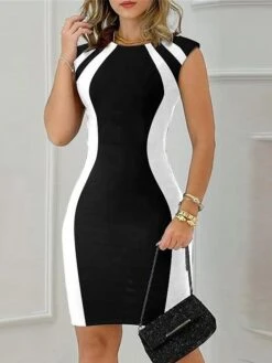 Women's Work Dress Sheath Dress Semi Formal Dress Fashion Midi Dress Patchwork Crew Neck Sleeveless Color Block Slim Black Red Blue Summer Spring S M L XL