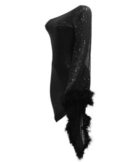 Women's Party Dress Sequin Dress Feather Dress Mini Dress Black Green Long Sleeve Pure Color Sequins Fall Winter Autumn One Shoulder Fashion 2023 S M L XL XXL -Tesla Style nbfslx1697451968812