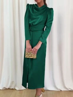 Women's Work Dress Satin Dress Semi Formal Dress Fashion Long Dress Maxi Dress Split Stand Collar Long Sleeve Plain Regular Fit Black Blue Sky Blue Fall Winter S M L XL -Tesla Style nbgzzj1692761650620