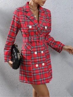 Women's Work Dress Blazer Dress Sheath Dress Fashion Mini Dress Button Print Lapel Long Sleeve Plaid Regular Fit Red Khaki Fall S M L XL XXL -Tesla Style nbjepg1693281048593