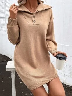 Women's Sweater Dress Jumper Dress Casual Dress Mini Dress Warm Pure Color Outdoor Casual Daily Going Out Lapel Long Sleeve Button 2023 Loose Fit Khaki S M L -Tesla Style nbwbfr1695106687982