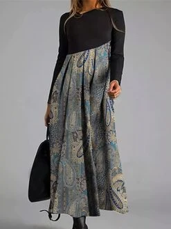 Women's Work Dress Casual Dress Paisley Dress Fashion Winter Dress Daily Long Dress Maxi Dress Button Print V Neck Long Sleeve Geometric Paisley Regular Fit Yellow Blue Orange Fall Winter S M L XL XXL -Tesla Style nbycrz1695096214481