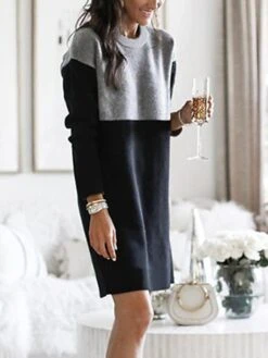 Women‘s Sweater Dress Winter Dress Wine Army Green Dusty Blue Brown Black Long Sleeve Color Block Patchwork Winter Fall Crew Neck Turtleneck Casual S M L XL XXL 3XL Cotton -Tesla Style ncbzbj1630305238413