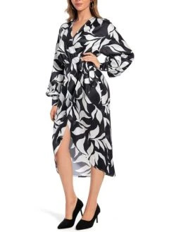 Women's Work Dress Semi Formal Dress Wrap Dress Fashion Midi Dress Lace Up Print V Neck Long Sleeve Leaf Loose Fit Black Fall Winter S M L XL XXL -Tesla Style ncepxb1693463838868
