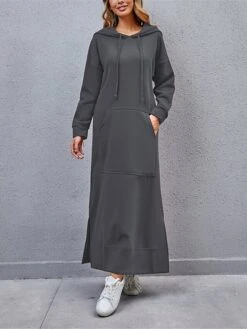 Women's Casual Dress Hoodie Dress Long Dress Maxi Dress Daily Basic Outdoor Vacation Going Out V Neck Pocket Solid Color Regular Fit Black Burgundy Blue S M L XL XXL -Tesla Style nchhio1692165482605