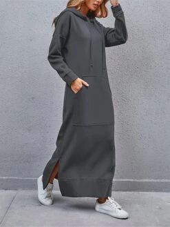 Women's Casual Dress Hoodie Dress Long Dress Maxi Dress Daily Basic Outdoor Vacation Going Out V Neck Pocket Solid Color Regular Fit Black Burgundy Blue S M L XL XXL -Tesla Style ncttbu1692165483583
