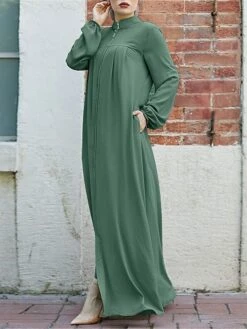 Women's Work Dress Swing Dress Black Dress Classic Long Dress Maxi Dress Zipper Pocket Stand Collar Long Sleeve Plain Loose Fit Black Brown Green Fall Winter S M L XL XXL -Tesla Style ncxawn1693300605748