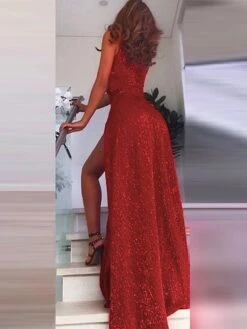 Women‘s Prom Dress Sequin Dress Cocktail Dress Long Dress Maxi Dress Wine Sleeveless Pure Color Sparkly Glitter Sequins Fall Winter Autumn V Neck Fashion Evening Party Vacation 2023 S M L XL -Tesla Style ndboom1694505427471