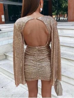 Women‘s Party Dress Sequin Dress Homecoming Dress Cocktail Dress Mini Dress Champagne Dark Green Dark Blue Long Sleeve Pure Color Sparkly Glitter Sequins Spring Fall Winter Deep V Fashion -Tesla Style ndfggn1693535450715