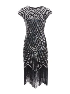 Women‘s Halloween Dress Party Dress Fringe Dress Sequin Dress Midi Dress Silver Black White Sleeveless Floral Sequins Summer Spring Fall Crew Neck Party Party Summer Dress 2023 XS S M L XL XXL -Tesla Style ndgpfb1639031524699