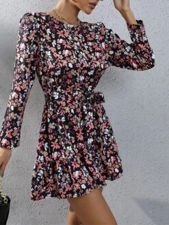 Women's Work Dress Sheath Dress Semi Formal Dress Fashion Mini Dress Lace Up Print Crew Neck Long Sleeve Floral Loose Fit Black Fuchsia Brown Fall S M L XL XXL -Tesla Style ndprvu1693300576886