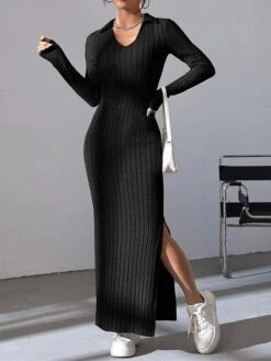 Women's Sweater Dress Winter Dress Jumper Dress Long Dress Maxi Dress Split Daily Date Going Out Active Fashion V Neck Long Sleeve 2023 Slim Black Brown Color S M L Size -Tesla Style ndxtth1693559542995
