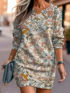 Women's Casual Dress Sweatshirt Dress Mini Dress Warm Fashion Outdoor Vacation Going Out Crew Neck Print Floral Geometric Loose Fit Black Rusty Red Blue S M L XL XXL -Tesla Style nebwaz1694661945995