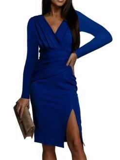 Women's Work Dress Sheath Dress Semi Formal Dress Fashion Winter Dress Office Workfashion Midi Dress Ruched Split V Neck Long Sleeve Stripe Plain Regular Fit Blue Green Fall Winter S M L XL XXL -Tesla Style netlhu1695096215694