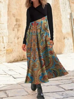 Women's Work Dress Casual Dress Swing Dress Fashion Winter Dress Daily Long Dress Maxi Dress Button Print V Neck Long Sleeve Color Block Tribal Regular Fit Royal Blue Blue Green Fall Winter S M L XL