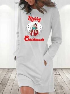 Women‘s Christmas Hoodie Dress Winter Dress Light Blue Grey White Long Sleeve Letter Santa Claus Pocket Print Winter Fall Crew Neck Stylish Fall Dress Loose Fit 2022 S M L XL 2XL / Cotton -Tesla Style nfaeoy1666343455842