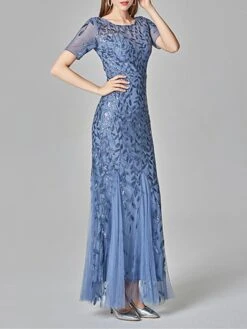 Women‘s Party Dress Wedding Guest Dress Sequin Dress Sheath Dress Maxi Long Dress Silver Light Blue Wine Short Sleeve Pure Color Sequins Winter Fall Autumn Crew Neck Evening Party 2023 S M L XL -Tesla Style nfcphy1663925364929