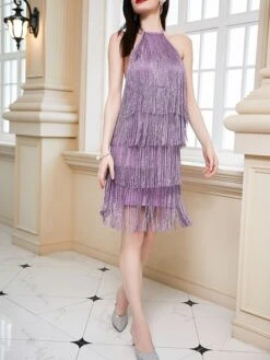 Women's Party Dress Fringe Dress Cocktail Dress Mini Dress Purple Gold Sleeveless Pure Color Tassel Fringe Summer Spring Fall Halter Neck Fashion Wedding Guest Vacation Summer Dress 2023 S M L XL -Tesla Style nfigms1690341250868