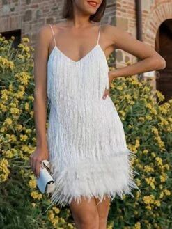 Women‘s Party Dress Fringe Dress Sequin Dress Mini Dress White Pink Blue Sleeveless Pure Color Sequins Winter Fall Summer Spaghetti Strap Party Party Weekend 2023 S M L XL XXL -Tesla Style nfuqcn1660214316681