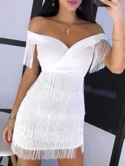 Womenâs Wedding Guest Dress Party Dress Fringe Dress Homecoming Dress Mini Dress Black White Sleeveless Pure Color Tassel Fringe Fall Spring Summer V Neck Fashion Birthday 2023 S M L XL