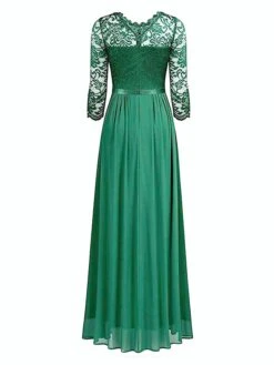 Women's Prom Dress Party Dress Lace Dress Long Dress Maxi Dress Green 3/4 Length Sleeve Pure Color Lace Summer Spring Fall Crew Neck Fashion 2023 XXL -Tesla Style ngakfy1663034064392