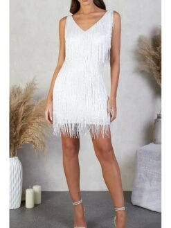 Women‘s Party Dress Fringe Dress Short Mini Dress White Gold Sleeveless Pure Color Tassel Fringe Spring Summer Spaghetti Strap Party Sexy Gatsby Party 2023 S M L XL XXL / Winter -Tesla Style ngfdol1676882540697