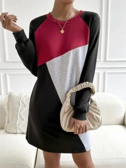 Women's Casual Dress Sweatshirt Dress Shift Dress Mini Dress Patchwork Outdoor Daily Going Out Active Fashion Crew Neck Long Sleeve 2023 Loose Fit Black Color S M L XL Size -Tesla Style ngjeph1693558144074