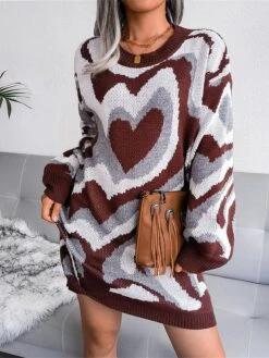 Women's Sweater Dress Jumper Dress Casual Dress Mini Dress Fashion Color Block Heart Outdoor Daily Vacation Going Out Crew Neck Long Sleeve 2023 Loose Fit Black Brown Khaki S M L -Tesla Style ngmvks1694756611094