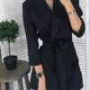 Women's Shirt Dress Casual Dress Sheath Dress Mini Dress Outdoor Office Business Polyester Classic Modern Shirt Collar Lace Up Print Long Sleeve Summer Spring Fall 2023 Loose Fit Black Striped S M L -Tesla Style ngsnwz1677234551807