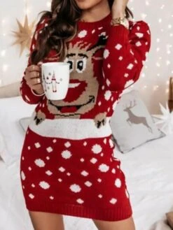 Women‘s Christmas Sweater Dress Winter Dress Sheath Dress Red Long Sleeve Animal Snowman Print Winter Fall Crew Neck Stylish Modern Winter Dress Fall Dress 2022 S M L XL -Tesla Style nhbzgj1662543921026